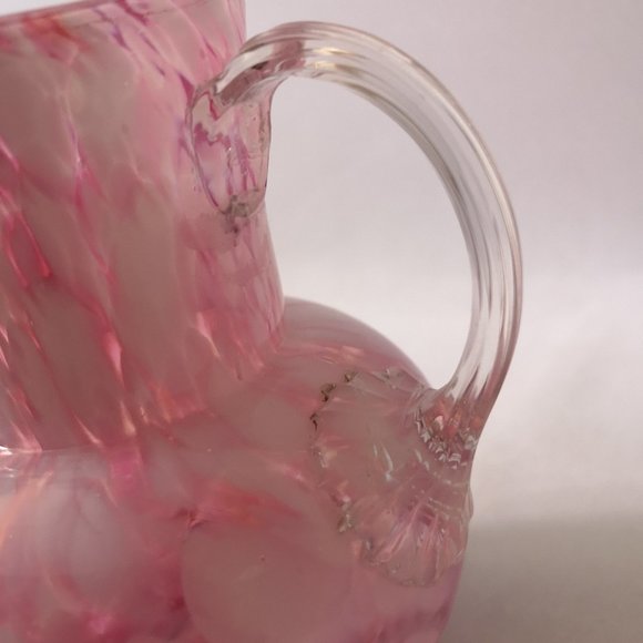 Gorgeous Hand-blown Art Glass Vase, Pink w White Applied Ribbed w Flower Handle - Picture 4 of 6